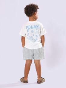 SUMWON Conjunto de camiseta y pantalones cortos a rayas de verano con tema costero y de mariscos para niños, ideal para vacaciones en la playa