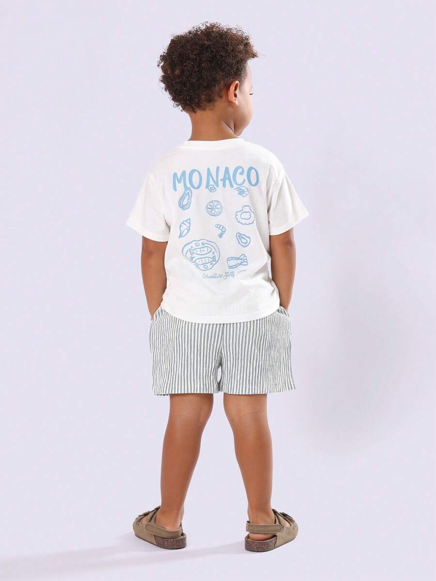 SUMWON Conjunto de camiseta y pantalones cortos a rayas de verano con tema costero y de mariscos para niños, ideal para vacaciones en la playa