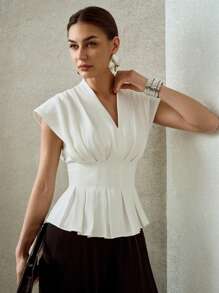 MOTF PREMIUM V-NECK FOLD PLEATED BATWING SLEEVE PEPLUM TOP