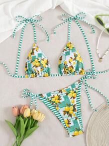Swim Vcay Ensemble de bikini avec nœud papillon rayé, imprimé citron, détail nœud, mignon, pour vacances à la plage, festival d'été
