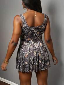 Slaydiva 2025 秋冬新品，女士秋冬装，万圣节，春夏休闲简约基本款 U 领吊带背心，百褶裙，树枝印花图案包含短裤和裙子，弹力针织面料女士迷你连衣裙/女士生日连衣裙