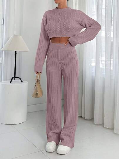 SHEIN Tuta casual da donna con maglione a maniche lunghe con spalle scoperte a motivo a trecce e pantaloni in maglia