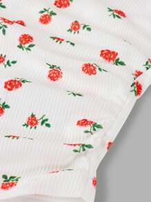 SHEIN Parte superior de punto acanalado de cuello halter con recogido lateral, decorada con moño y estampado floral pequeño, para vacaciones, para niña preadolescente - Blanco - Ver 3