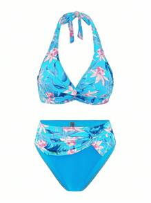 Swim Lushoire Bộ bikini hở lưng hở lưng họa tiết nhiệt đới cho kỳ nghỉ hè trên bãi biển dành cho nữ - Màu xanh lam - Xem 4
