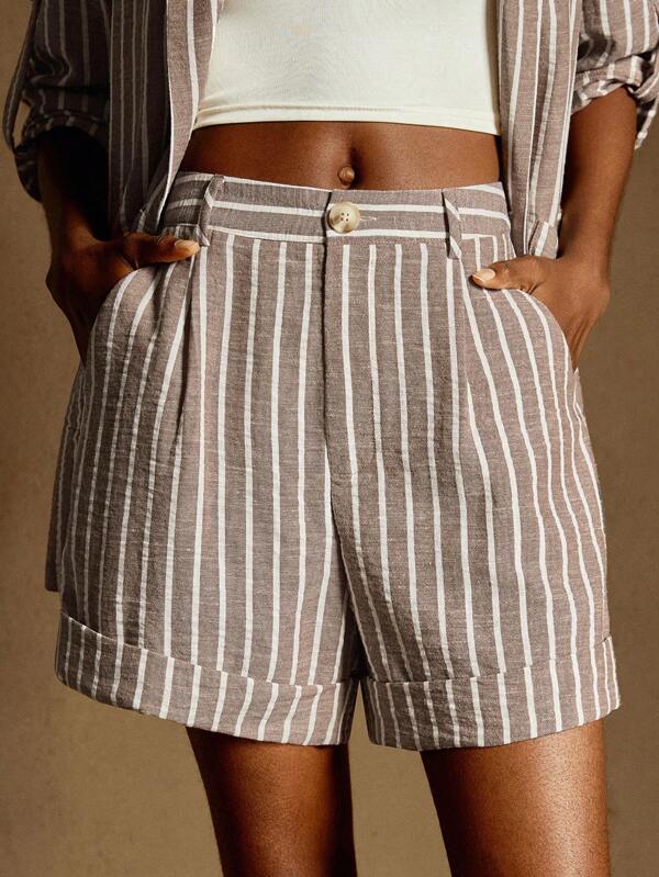 Écloséra Pantalones cortos plisados de lino a rayas de talle alto con bolsillos y dobladillo, estilo retro francés minimalista para uso casual y de viaje, color marrón claro