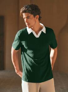 HIMLAND 男士梭织休闲宽松短袖 POLO 衫，年轻时尚，适合日常穿着，绿色针织衫，男士针织衫，翻领针织衫，绿色翻领衬衫，针织上衣，男士针织上衣，绿白衬衫，针织 Polo 衫，旧款