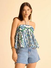 CAJUNI 女士休闲度假露背上衣，蓝色/绿色花卉印花 - 彩色 - 查看 4