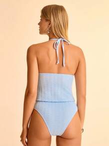 CAJUNI Women's Boho Style Sleeveless V-Neck Knitwear Top & Bikini Bottom Patchwork With Shell Tasseled Strap, Summer Vacation Beach 2-Piece Swimsuit Set - Blue - View 2