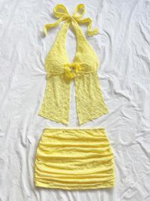 SHEIN x Eduarda Gutierrez Soleia Bộ đồ hai mảnh hở vai phối lưới đan họa tiết hoa nhuộm loang retro dành cho nữ, áo hai dây buộc dây hở lưng và chân váy ngắn nhún bèo, thích hợp cho các bữa tiệc, hẹn hò, trà chiều, bãi biển, lễ hội hóa trang, trang phục mùa hè Bộ đồ hai mảnh màu vàng mùa hè Bộ đồ hai mảnh hở vai màu vàng Áo Giáng sinh cho trường học Trang phục trở lại trường cho nữ Trang phục mùa thu cho nữ Trang phục Goth cho nữ Trang phục câu lạc bộ Trang phục Halloween gợi cảm cho nữ Váy câu lạc bộ Trang phục đi chơi Trang phục hòa nhạc Trang phục hòa nhạc đồng quê - Màu vàng - Xem 3