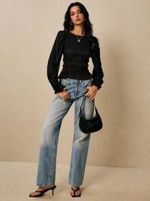 Poéselle 女式纯色圆领休闲百搭长袖上衣 - 黑色 - 查看 2