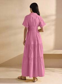 Graceveil 时尚褶饰腰部弹性设计翻领黄色连衣裙 - 粉色 - 查看 3