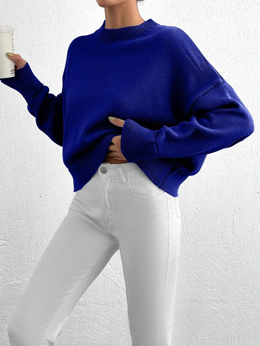 EURMUSE Women's Minimalist Solid Color Batwing Sleeve Loose Fit Sweater - Royal Blue - View 1