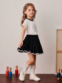 PrepCrw Young Girls Bear Pattern Short Sleeve T-Shirt And Pleated Mini Skirt Set,Academy Style School Summer Uniform,Teen Back-To-School Outfit,Cute - Black and White - View 4