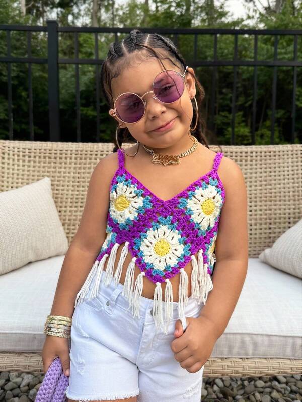 SHEIN Parte superior de vacaciones con tirantes de espagueti, flecos y croché con flores para niña joven
