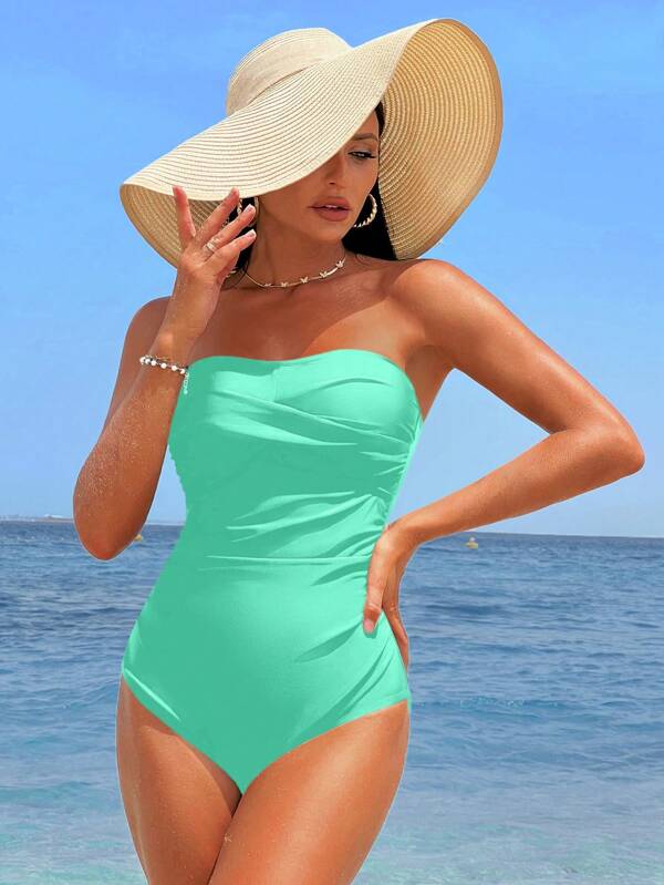 SHEIN Swim Costum de baie monokini cu model bandeau, în culori simple, pentru femei