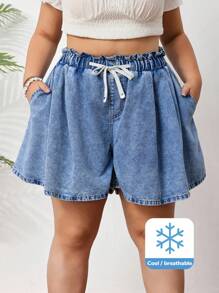 SHEIN CURVE+ Plus Size Women Summer Casual Daily Drawstring Waist Slant Pocket Loose Wide Leg Denim Shorts - Light Wash - View 2