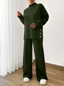 EURMUSE Damen asymmetrischer und knopf-detaillierter Saum Rollkragenpullover und Pullover-Hose Zweiteiler Outfit Co-Ords