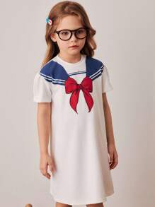 PrepCrw Kleine Mädchen Schulstil Knielanges Kleid mit Schleife, Matrosenausschnitt und Puffärmeln aus Strick mit Aufdruck - Weiss - Übersicht 5