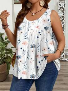 EMERY ROSE Casual Floral Print Plus Size Pleated Loose Cami And Tank Top, Suitable For Spring And Summer Suitable For Going Out - Multicolor - View 1