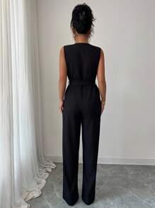 Elenzga Women's Sleeveless Solid Color Contrast Lace Jumpsuit, Elegant Style For Summer - Black - View 2