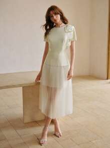 MOTF STUDIO 蝴蝶结细节撞色网布褶饰连衣裙 - 杏色 - 查看 5