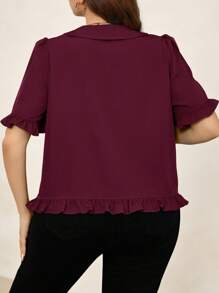SHEIN Clasi 大码休闲宽松碎花拼布短袖纯色衬衫 - 酒紅色 - 查看 2