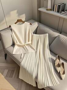 Franclia 女式休闲松紧腰背心，V 领和褶皱抽绳直筒裤套装