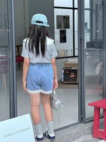SHEIN Girl(Plus Size)Peter Pan Collar Blue Striped Polka Dot Blouse,Comfortable Denim Shorts T-Shirt Set,Black And White,Summer,Cute,School,Back-To-School - Blue - View 2