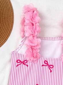 SHEIN Young Girl Knitted Striped Bowknot Design 3D Floral One-Piece Swimsuit Girls Pink Bow Swimsuit Girls Striped Swimsuit One Piece Swimsuit Girls Pink One Piece Swimsuit Girls Swimwear