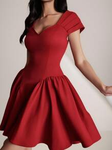 Modelyn Vestido corto casual de mujer con cuello en V y mangas raglán rojas, vestido de graduación de verano - Burdeos - Ver 4
