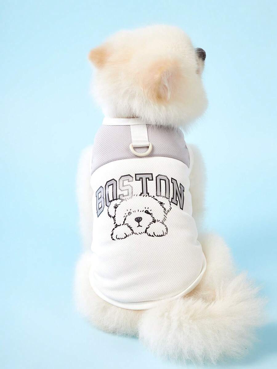 PETSIN 1 件灰色轻质透气宠物夏季背心，可爱简约拼色设计，带有 BOSTON 英文文字和狗狗印花，网眼面料，适合猫狗、户外活动，春夏季流行的美国/欧盟风格 - 灰色 - 查看 1