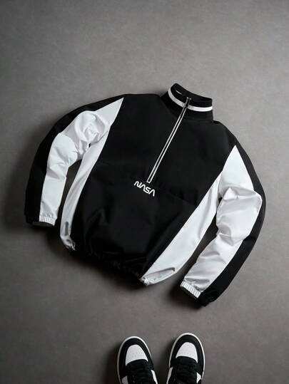 PAVTROS Aesthetic Post--Men's Long Sleeve Sportswear Varsity Jacket, Color Block Half Zip Stand Collar Jacket With Letter Graphic, Adjustable Drawstring Hem, Suitable For Daily Wear, Outdoor, Sports, Casual, School, Party, Music Festival. Can Be Gifted To Friends And Boyfriends , Men Quarter Zip , Black And White Jacket, Football Jacket, Personalize Ball Jacket , Fall