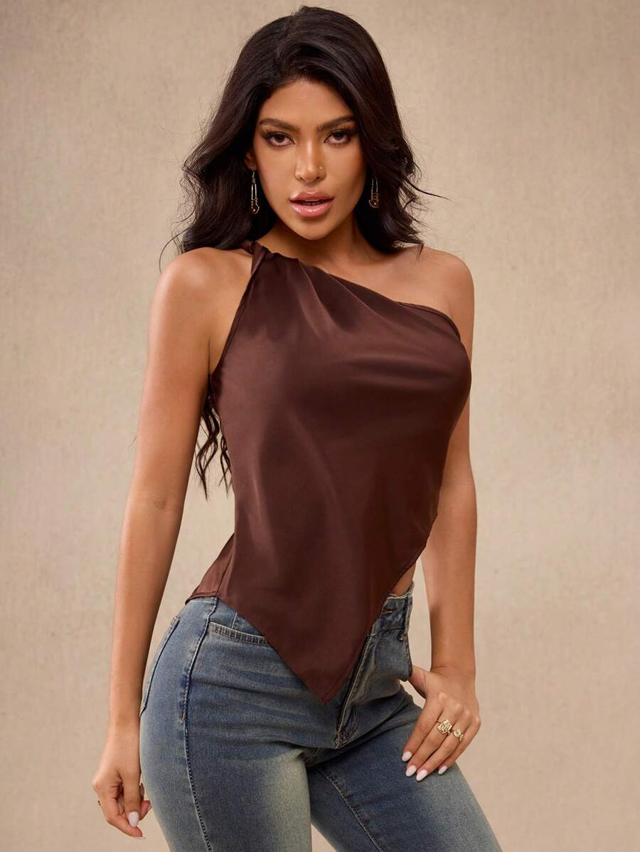 Glamance Women's Twist Shoulder Asymmetrical Hem Fitted Blouse Suitable For Summer Top Brown Top Chocolate Brown Top Coffee Brown Top Going Out Top Streetwear Women Grunge Punk Y2K 2000s Cute Top Back To School Club Outfits Women Sexy - Mocha Brown - View 1