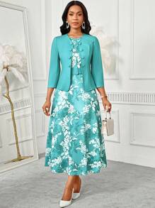 SHEIN Lady Completo da donna con vestito midi con stampa astratta a onde, semplice, collo rotondo, con cintura, adatto per occasioni come uscite, feste, compleanni, eventi, ufficio, chiesa, matrimoni, vacanze. Vestiti casual e formali per donna, adatti per cerimonie, ufficio, lavoro, matrimoni, vacanze.