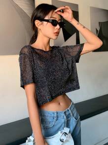 DAZY See Through Crop Mesh Top Without Bra Going Out Tops Festival Sheer Y2k,Beach Outfits