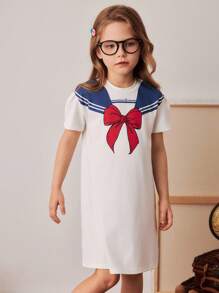 PrepCrw Kleine Mädchen Schulstil Knielanges Kleid mit Schleife, Matrosenausschnitt und Puffärmeln aus Strick mit Aufdruck - Weiss - Übersicht 7