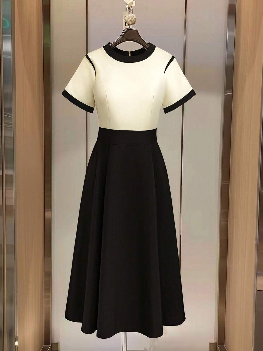 Flirla Đầm xòe cổ tròn tay ngắn dệt khối màu tương phản cỡ lớn cho nữ, váy thanh lịch lãng mạn cao cấp - màu đen - Xem 1