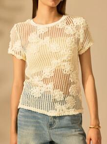 CAJUNI Women White Knit Hollow Floral Textured Fitted Short Sleeve Crew Neck Tee, Versatile Summer Holiday Casual Top