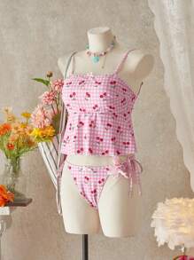 SHEIN Swim Women's Summer Vacation Cute Plaid Cherry Tankini - Multicolor - View 4