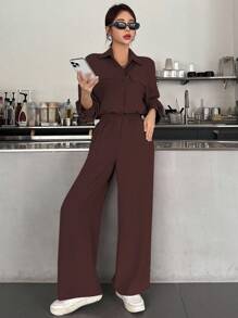 DAZY 女士简约纯色纽扣衬衫长裤两件套，秋季家居服套装 - 棕色 - 查看 4