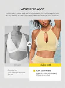 GLOWMODE FeatherFit™ More Glow Buttery-Soft Stretchy Sweat-Wicking Push-Up Removable Cups Keyhole Mesh Straps Halter Sports Bra Low Impact Yoga Pilates Barre Studio Daily Casual Wear