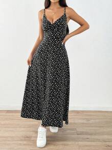 SHEIN MOOSTA Summer Ditsy Floral V-Neck Spaghetti Strap High Waist A-Line Dress Maxi Women Outfit - Black - View 4