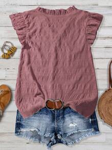 SHEIN LUNE Plus Size Women's Solid Color Textured Fabric V-Neck Ruffle Trim Short Flare Sleeve Fitted Casual Regular Shirt - Dusty Pink - View 2