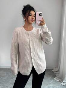 Rafferiza Autumn Round Neck Long Sleeved Pearl Button Women's Knitted Cardigan Fall Winter Cloth For Women