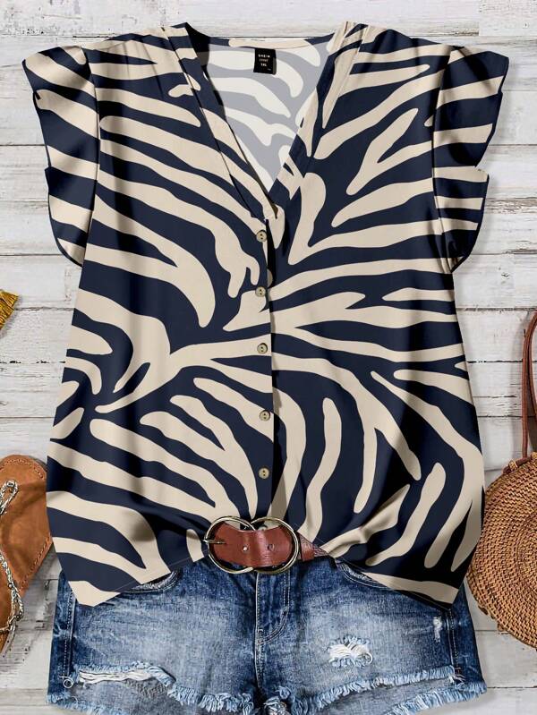 EMERY ROSE Plus Size Dames Dagelijkse Casual Vakantie Roze V-hals Kleine Vliegende Mouwen Vakantie Stijl Luipaardpatroon Los Shirt, Dames Zomerkleding, Dames Vakantiekleding, Dames Zomerkleding, Dames