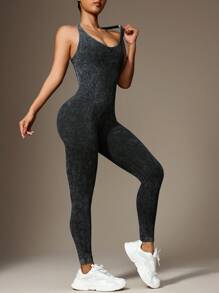 Slayform 女士酸洗交叉后背运动连体裤 - 黑色 - 查看 5