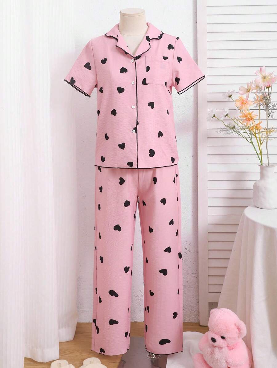 SHEIN 少女心印花 V 领短袖上衣和宽松长裤两件套睡衣套装 - 粉色 - 查看 1