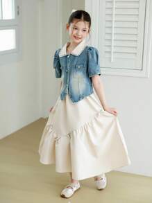 Tween-Mädchen 2-teiliges Set mit kontrastfarbenem Kragen, Puffärmeln, Jeansjacke und Camisole-Kleid mit Schleife - Aprikosenfarben - Übersicht 10