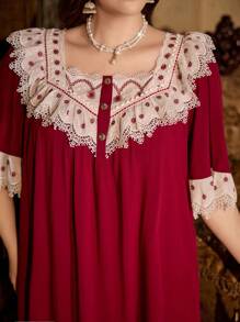 SHEIN 加大码宽松睡裙，撞色刺绣拼接，三粒纽扣，Moo Moo品牌，适合秋冬季穿着