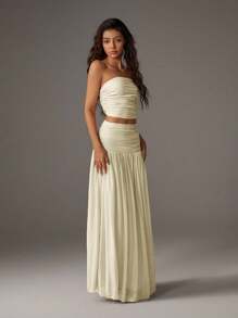 TRNVIE 2pcs Set Women Romantic Pink Mesh Bandeau Top And High Waist Pleated Mesh Maxi Skirt, Vacation Outfit Spring/Summer